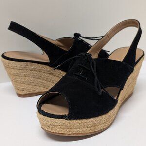Eric Michael Black Suede Lace-up Peep Toe Slingback Espadrille Wedges